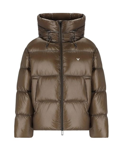 Emporio Armani Green Hooded Down Jacket With Logo for men