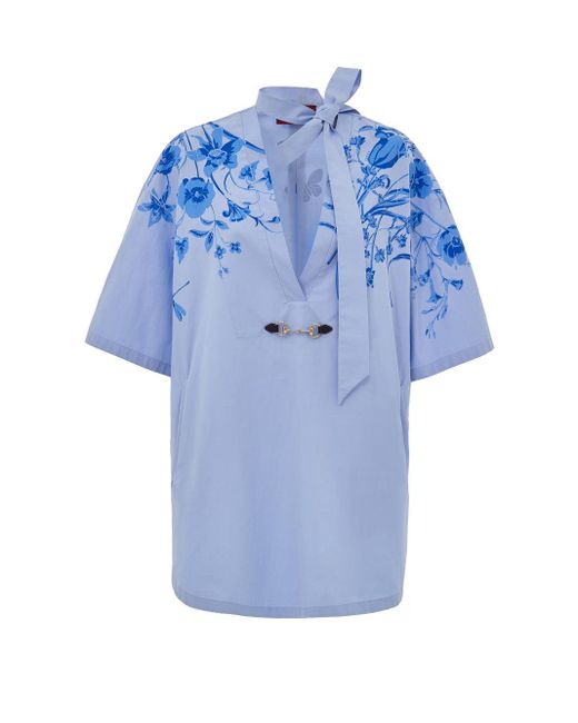Camisa Kimono En Frances Cotton Popeline Con Flores De Impresion Gucci de color Blue