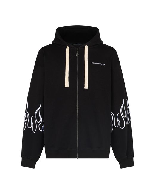 Vision Of Super Black Lightweight Hooded Zip Sweatshirt Embroidered Flames Open Hoodie for men
