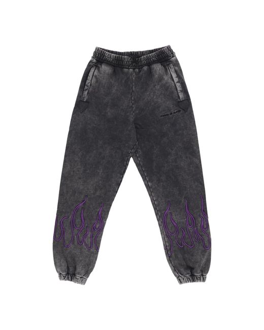 Vision Of Super Gray Fleece Tracksuit Pants Embroidered Flames Pants for men