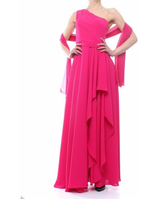 Fabiana Ferri Pink Fabianaferri 30689 One-Shoulder Polyester Long Dress With Side Slit And Sheer Stole
