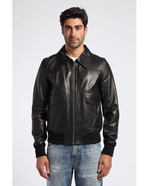 Department 5 Black Leather Jacket With Shirt Neck for men