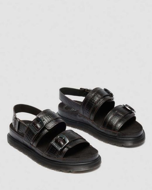 Dr. Martens Black San Two Strap Croc Embossed Leather Sandals for men