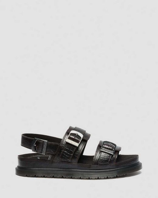 Dr. Martens Black San Two Strap Croc Embossed Leather Sandals for men