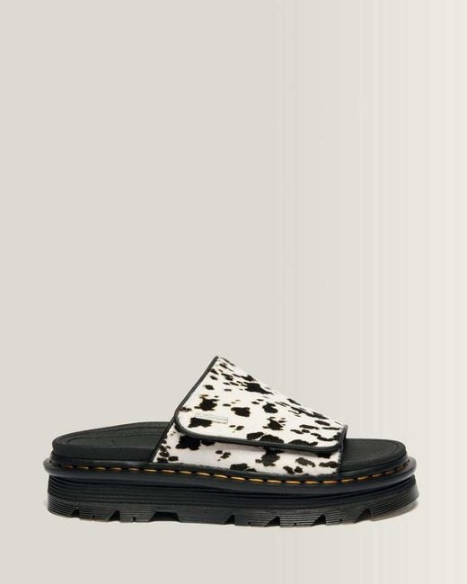 Dr. Martens Black Zebzag Dalmatian Hair On Leather Platform Slides