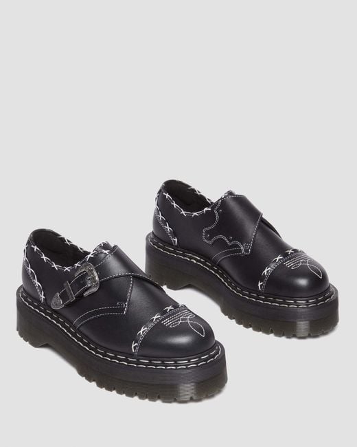 Cuero zapatos con plataforma quad monk strap contrast stich Dr. Martens de color Black