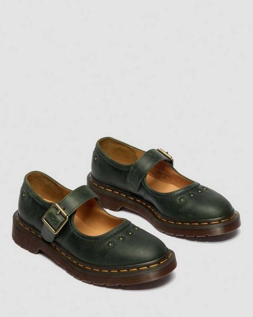 Dr. Martens Green Mary Jane Flower Crazy Horse Leather Shoes for men