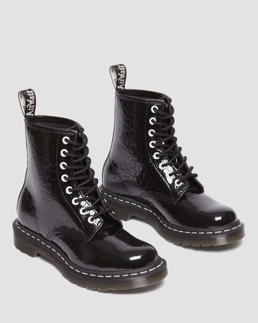 Dr. Martens Black 1460 Flower Emboss Patent Leather Lace Up Boots
