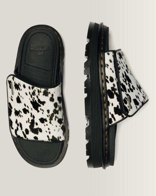Dr. Martens Black Zebzag Dalmatian Hair On Leather Platform Slides