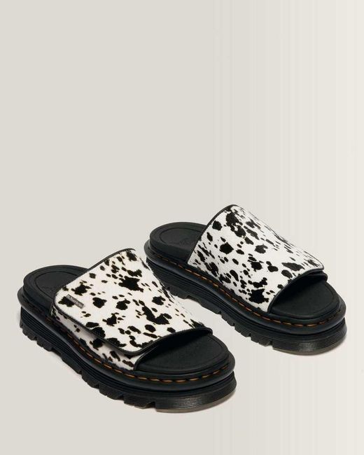 Dr. Martens Black Zebzag Dalmatian Hair On Leather Platform Slides