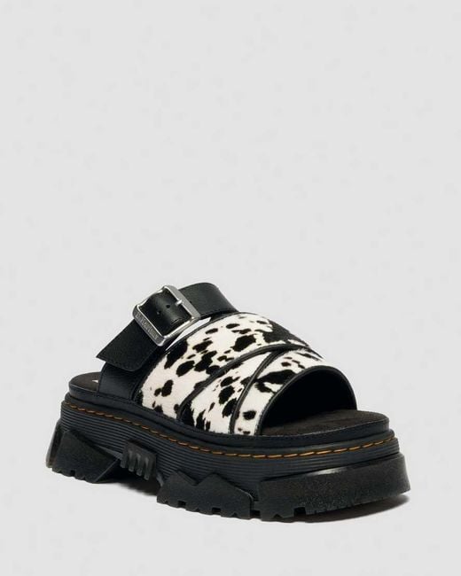 Dr. Martens Black Mattison Slides Dalmatian Hair On Leather Sandals