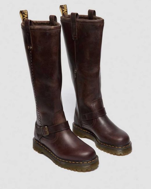Botas De Motero Dr. Martens Anistone Hi Unisex - Cuero Wanama Brillante, Suela Bex Elevada Y Herrajes De Metal