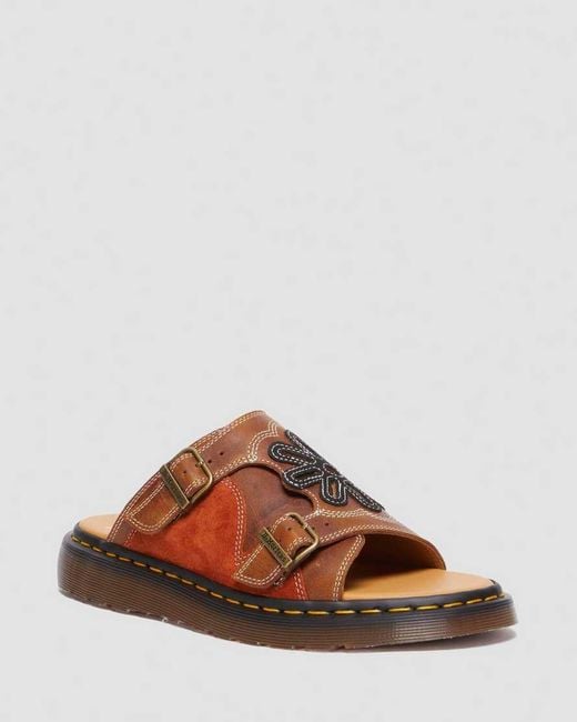 Dr. Martens Brown Dayne Made In England Leather & Suede Applique Slides