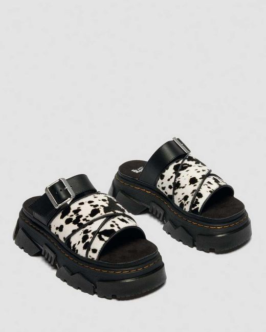 Dr. Martens Black Mattison Slides Dalmatian Hair On Leather Sandals