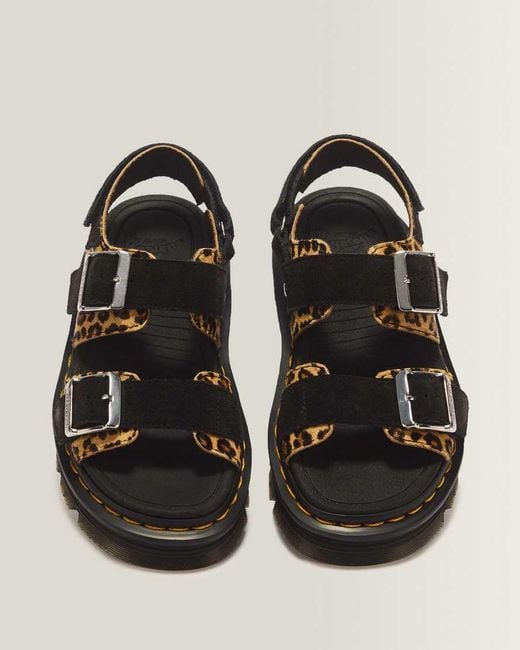 Dr. Martens Zebzag Leopard Hair On Leather Sandals in Black | Lyst