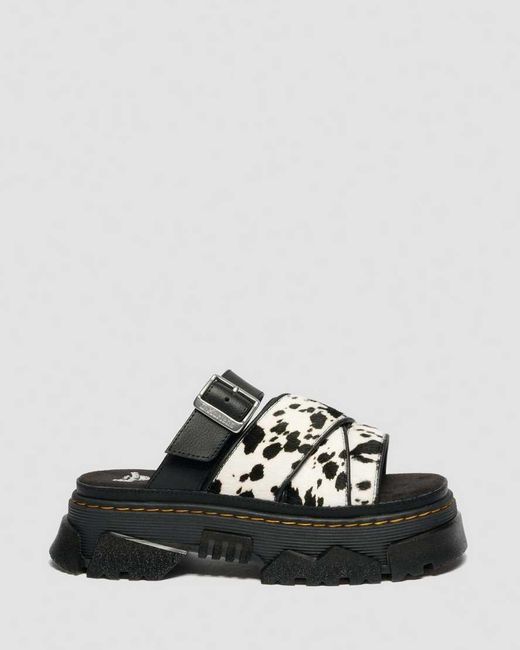 Dr. Martens Black Mattison Slides Dalmatian Hair On Leather Sandals