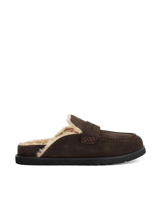 Dune Brown Goldys Faux Shearling Lined Backless Mule Suede Loafers