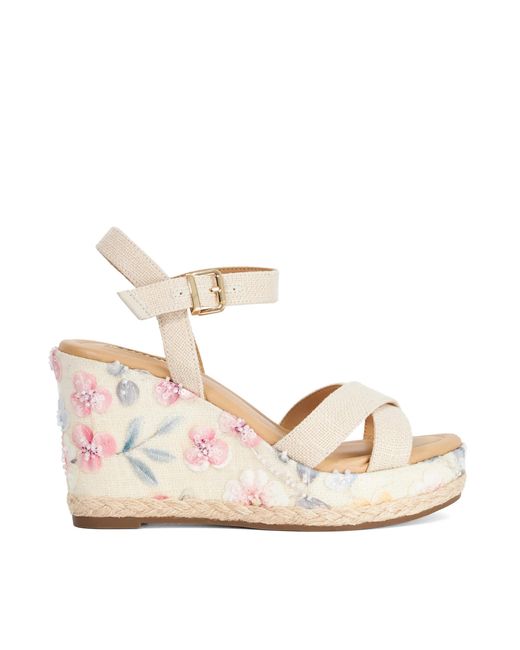 Dune Metallic Kalmiah Floral Fabric Wedge Sandals