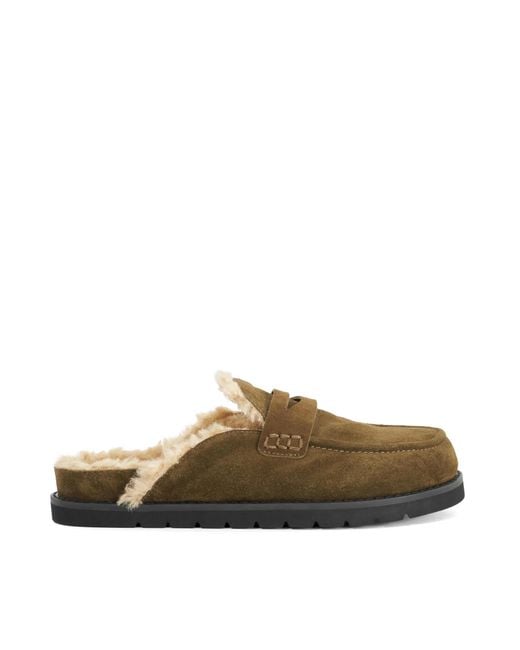 Dune Brown Goldy Faux Shearling Lined Backless Mule Suede Loafers