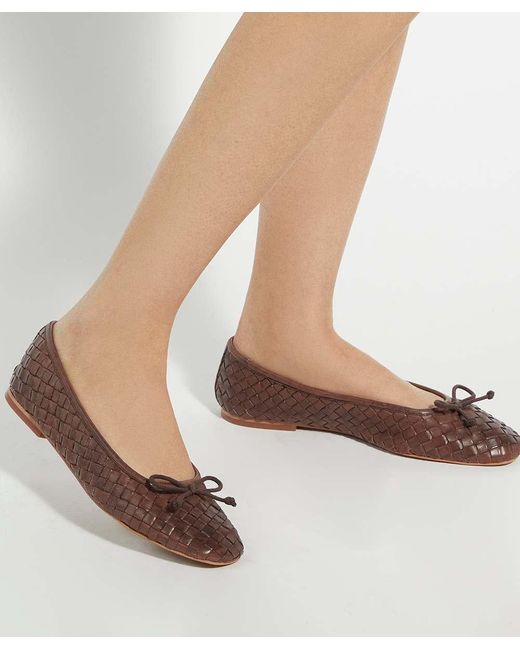 Dune Brown Heat Woven Leather Bow Detail Ballet Pumps