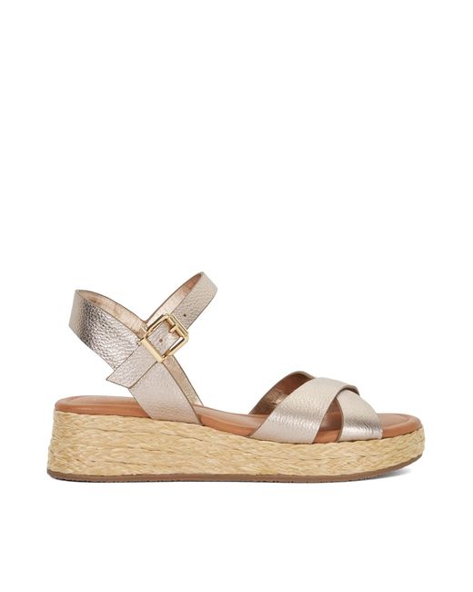 Dune Metallic Wf Littleton Wide Fit Leather Raffia Flatform Sandals