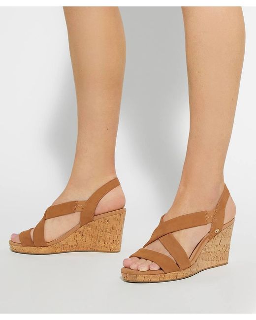 Dune Brown Kamies Leather Cork Wedge Sandals