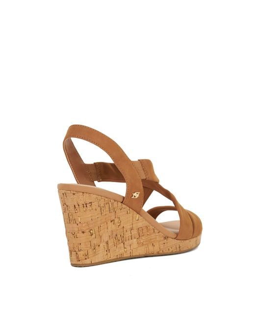 Dune Brown Kamies Leather Cork Wedge Sandals