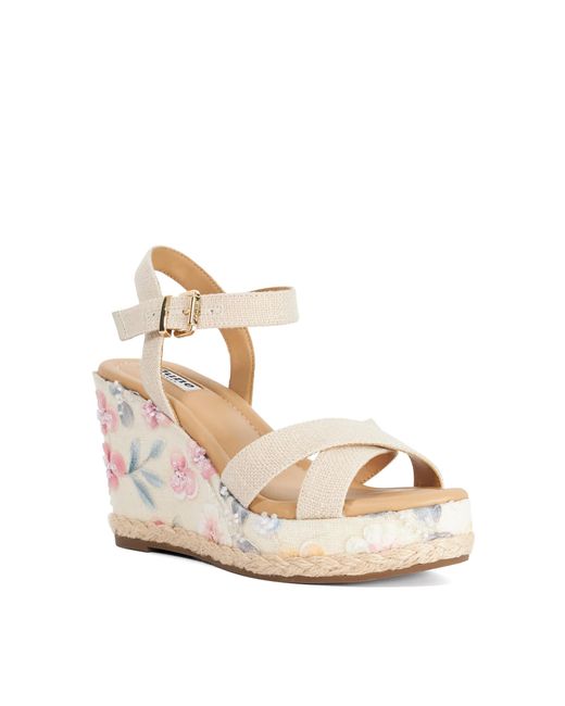 Dune Metallic Kalmiah Floral Fabric Wedge Sandals