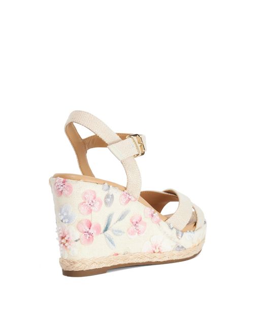 Dune Metallic Kalmiah Floral Fabric Wedge Sandals