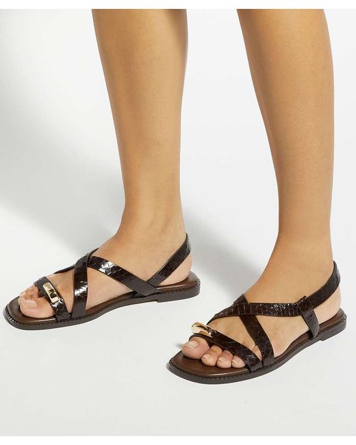 Dune Brown Lite Flat Leather Sandals