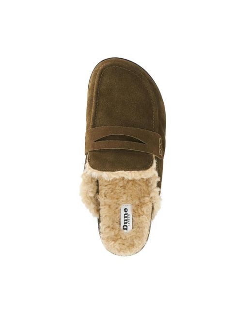 Dune Brown Goldy Faux Shearling Lined Backless Mule Suede Loafers