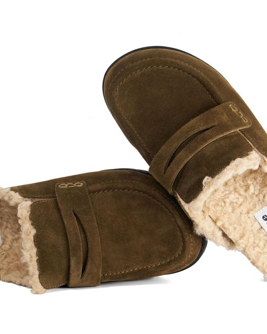 Dune Brown Goldy Faux Shearling Lined Backless Mule Suede Loafers
