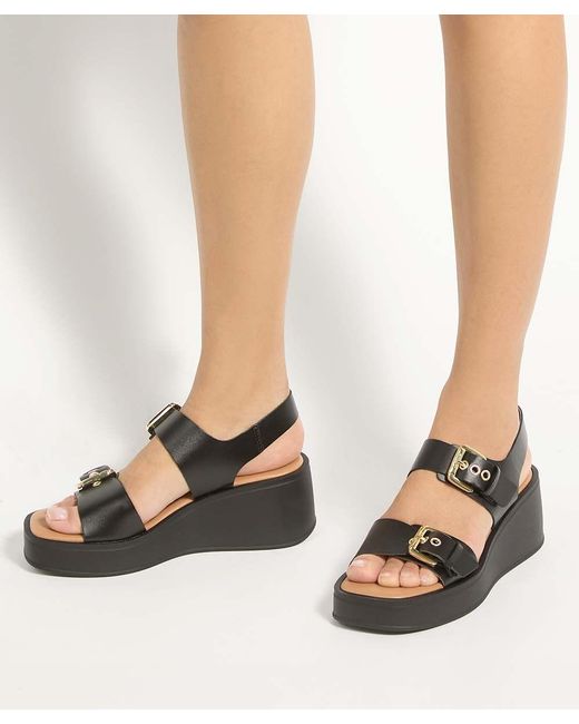 Dune Black Karola Wedge Double Buckle Sandals