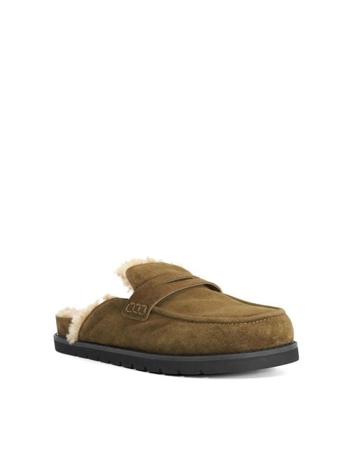 Dune Brown Goldy Faux Shearling Lined Backless Mule Suede Loafers