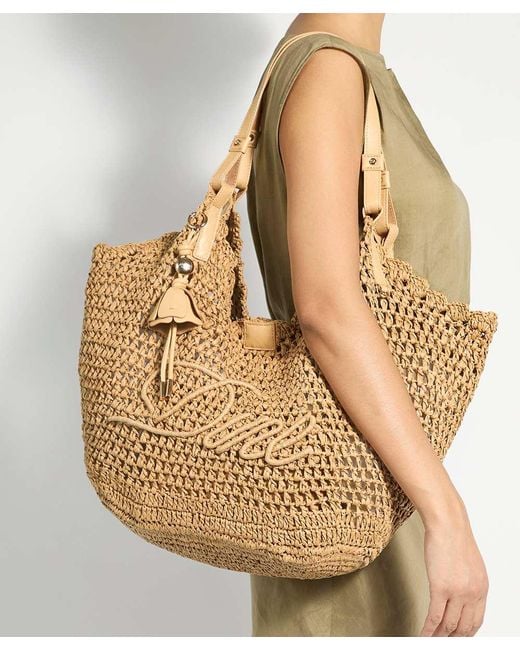Dune Brown Dewdrop Raffia Logo Shoulder Bag