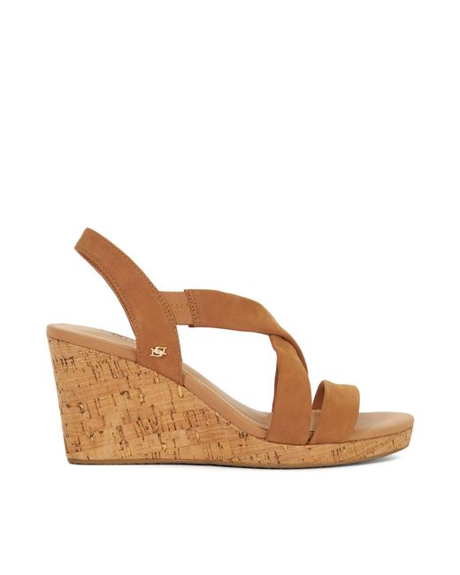 Dune Brown Kamies Leather Cork Wedge Sandals