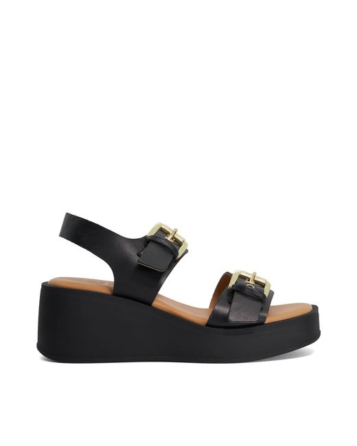 Dune Black Karola Wedge Double Buckle Sandals