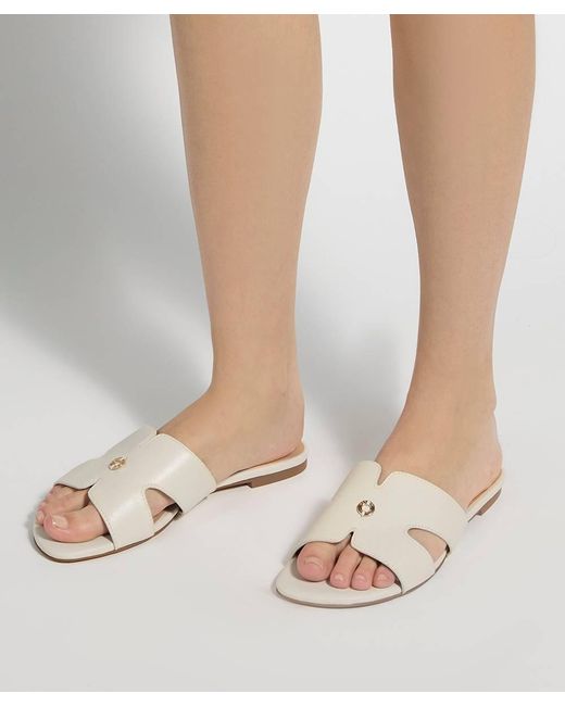 Dune Natural Lovable T Leather Slip-On Sandals