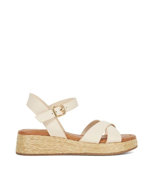 Dune Natural Littleton Leather Raffia Flatform Sandals