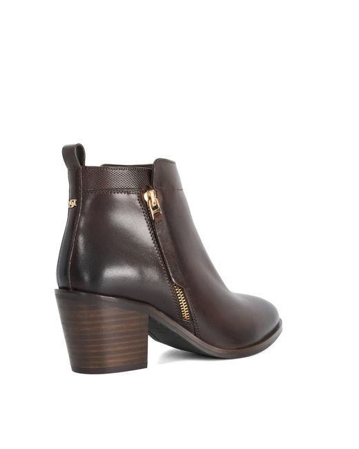 Dune Brown Paicing Block Heel Side Zip Boots