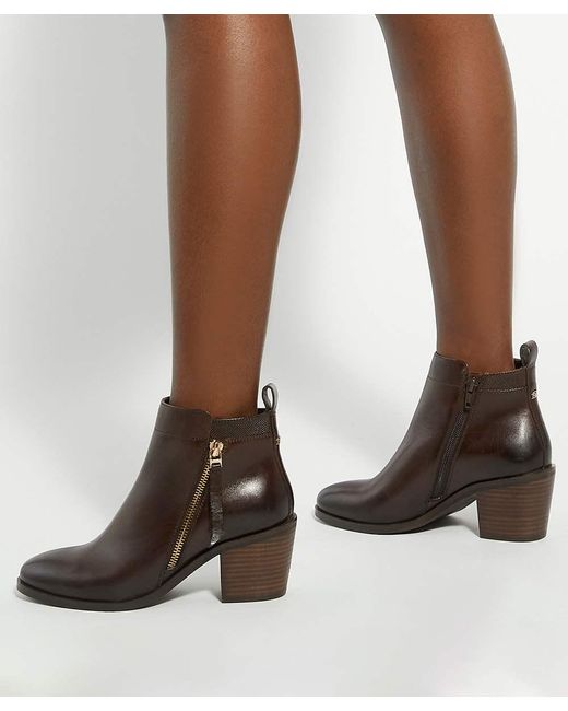 Dune Brown Paicing Block Heel Side Zip Boots