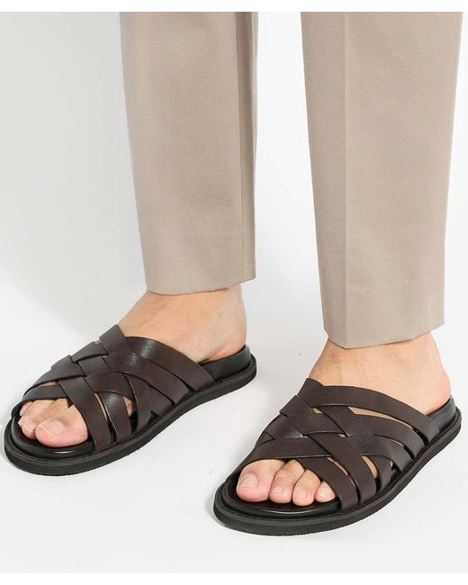 Dune Black Iddris Leather Woven Slip-On Sandals for men