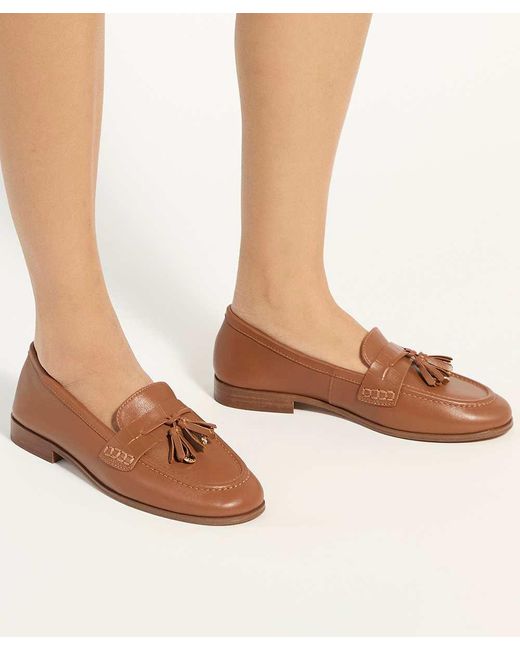 Dune Brown Giavonni Leather Tassel Trim Loafers