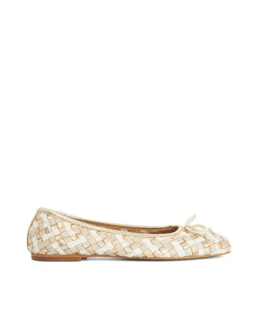 Dune Natural Heat Woven Leather Bow Detail Ballet Pumps