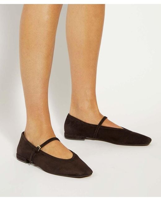 Dune Brown Hearthrob Leather Pointed Toe Mary Jane Ballet Flats