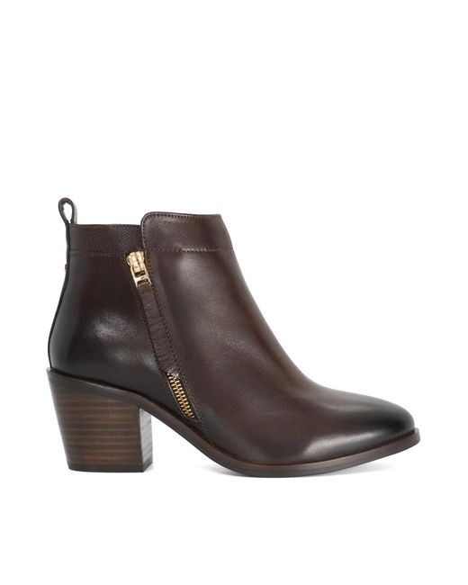 Dune Brown Paicing Block Heel Side Zip Boots