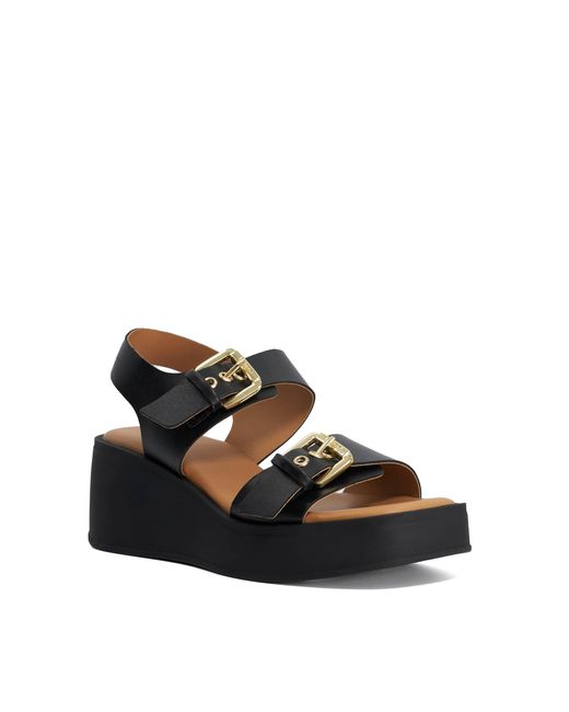 Dune Black Karola Wedge Double Buckle Sandals