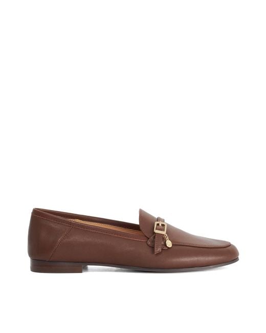 Dune Brown Greya Leather Charm Detail Loafers