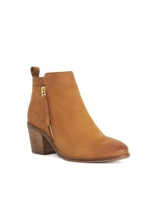 Dune Brown Paicing Block Heel Side Zip Boots