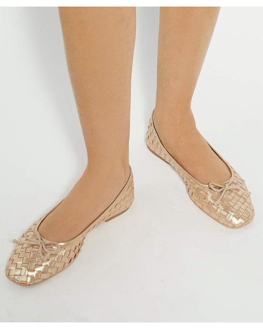 Dune Natural Heat Woven Leather Bow Detail Ballet Pumps
